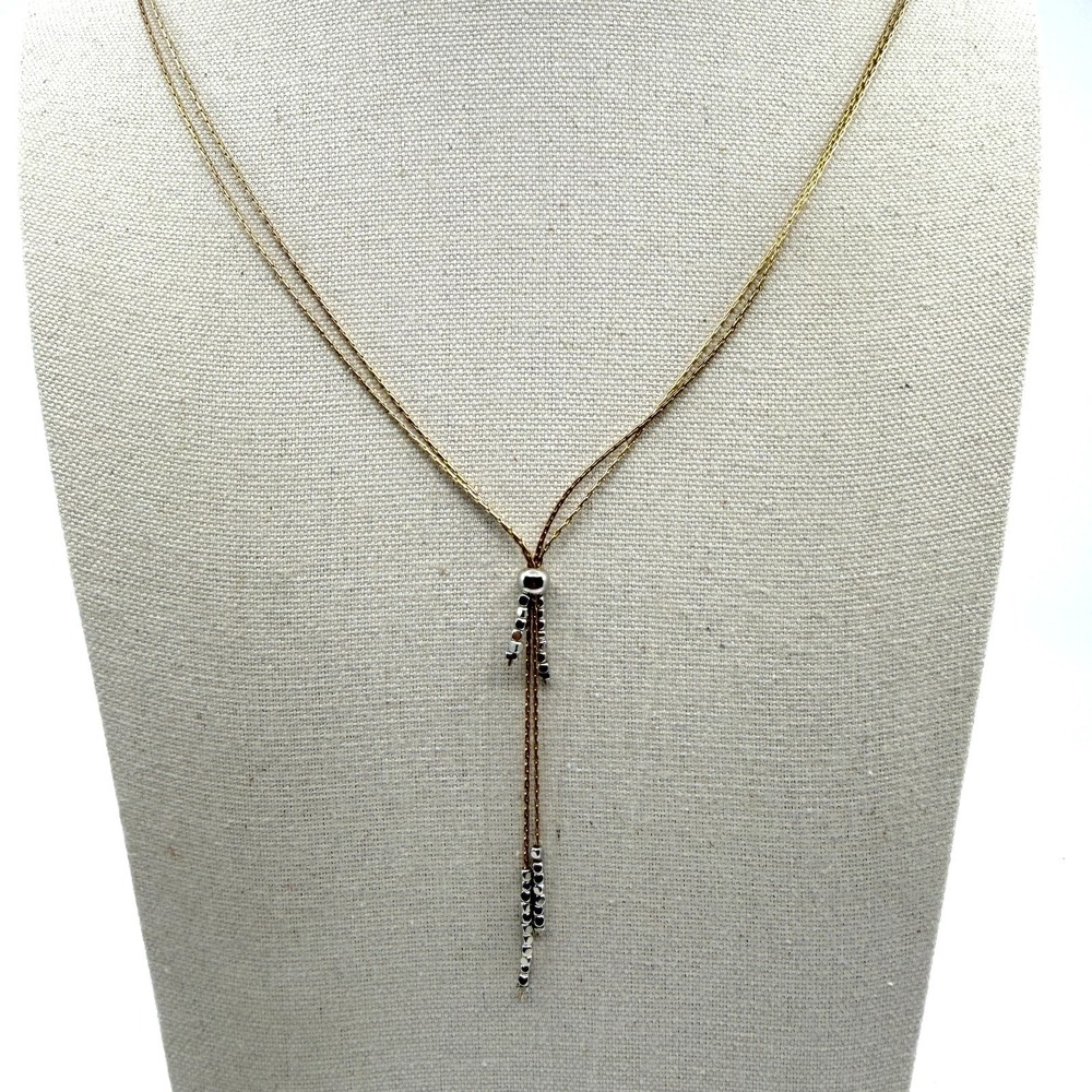 Delicate Gold Tone Layered Chain Necklace Silver Tone Bead Drop Accent Dangle